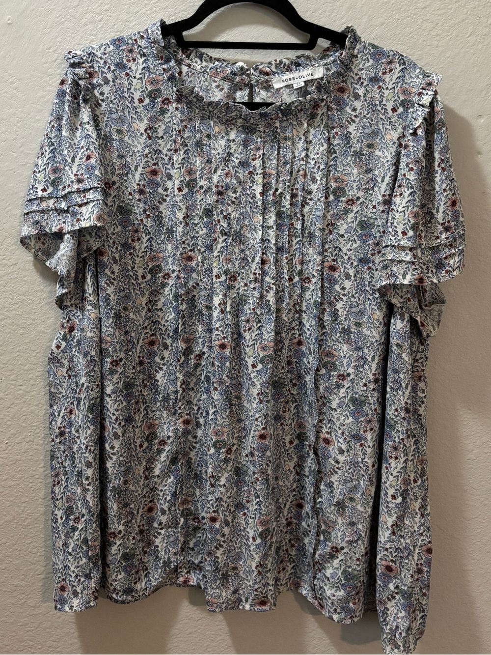 Rose + Olive Cottagecore Boho Floral Ruffle Sleeve Pleated Blouse Size 2X